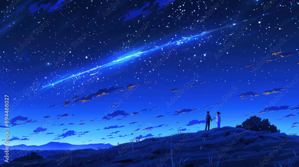 Naklejka premium A couple stands on a hill, marveling at a breathtaking meteor shower illuminating the night sky with vibrant colors and shooting stars.