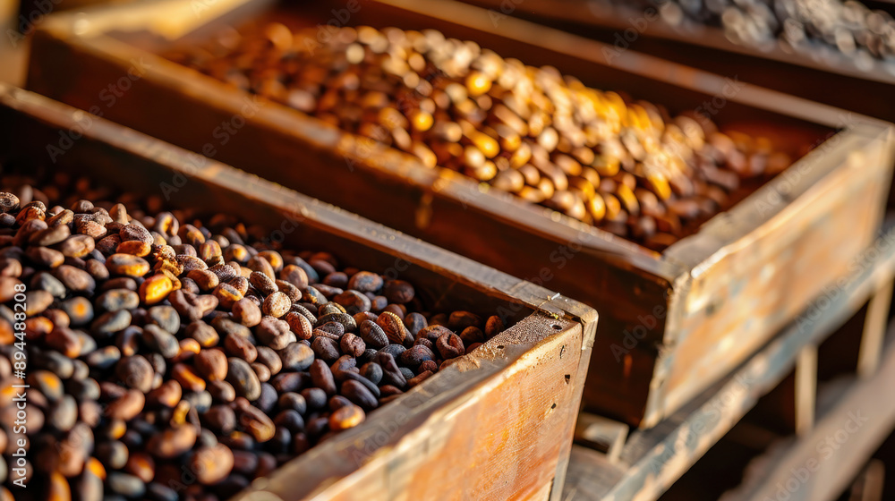 Close-up of assorted coffee beans in wooden trays, showcasing various shades and textures in a coffee processing setting Close-up of assorted coffee beans in wooden trays, showcasing various shades and textures in a coffee processing setting
