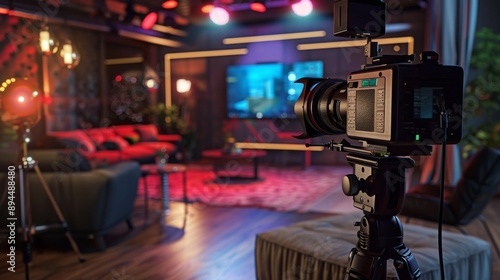 A camera on a tripod faces a screen with a blue and green scene in a studio lit with red and blue lights. Furniture is visible in the background