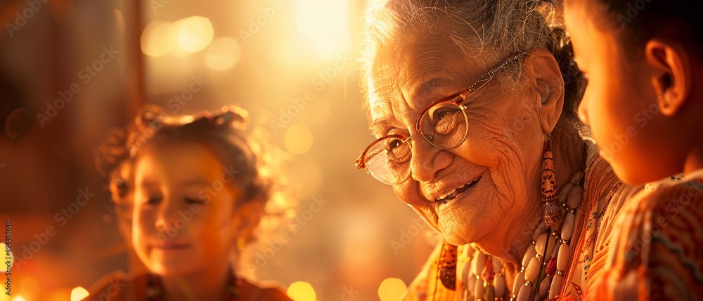Latinx elders sharing ancestral stories with children, photorealistic, warm lighting, detailed expressions, indoor setting, cultural legacy