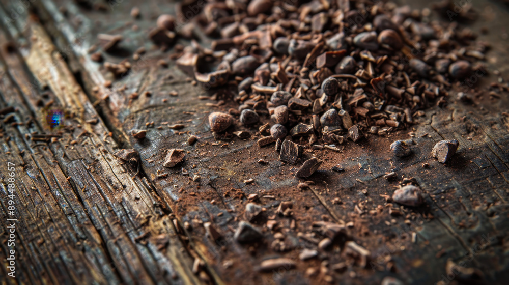 Close-up of finely chopped cocoa beans and chocolate shavings on a rustic wooden surface, highlighting rich textures and colors Close-up of finely chopped cocoa beans and chocolate shavings on a rustic wooden surface, highlighting rich textures and colors