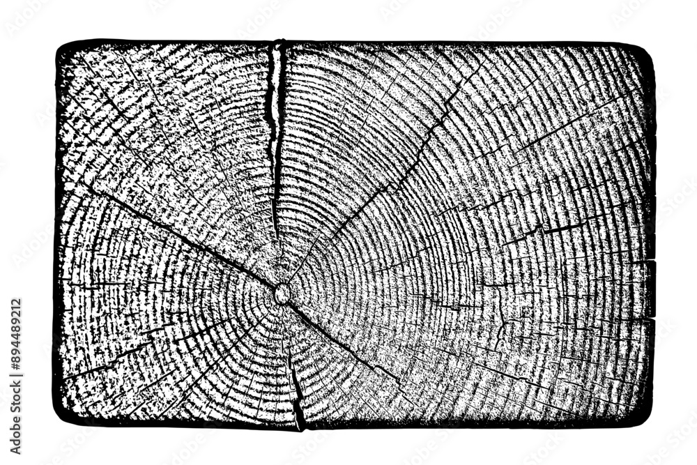 Tree texture on white background. Distressed wood overlay textured. Old wooden design element. Cross section tree rings cut slice. Vector illustration. EPS 10.