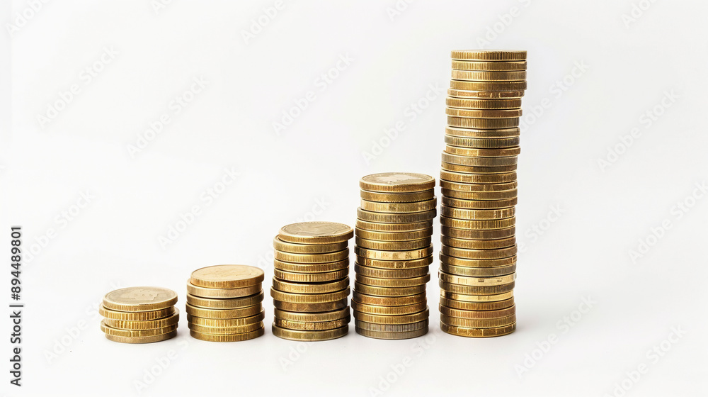 Money coin stack growing graph investment with blurred office background, bitcoin, business finance Money coin stack growing graph investment with blurred office background, bitcoin, business finance