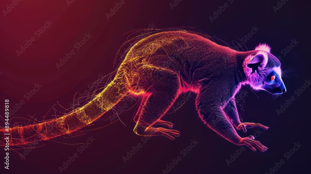 Fototapeta premium A bright color glow of the Lemur silhouette isolated in a dark background