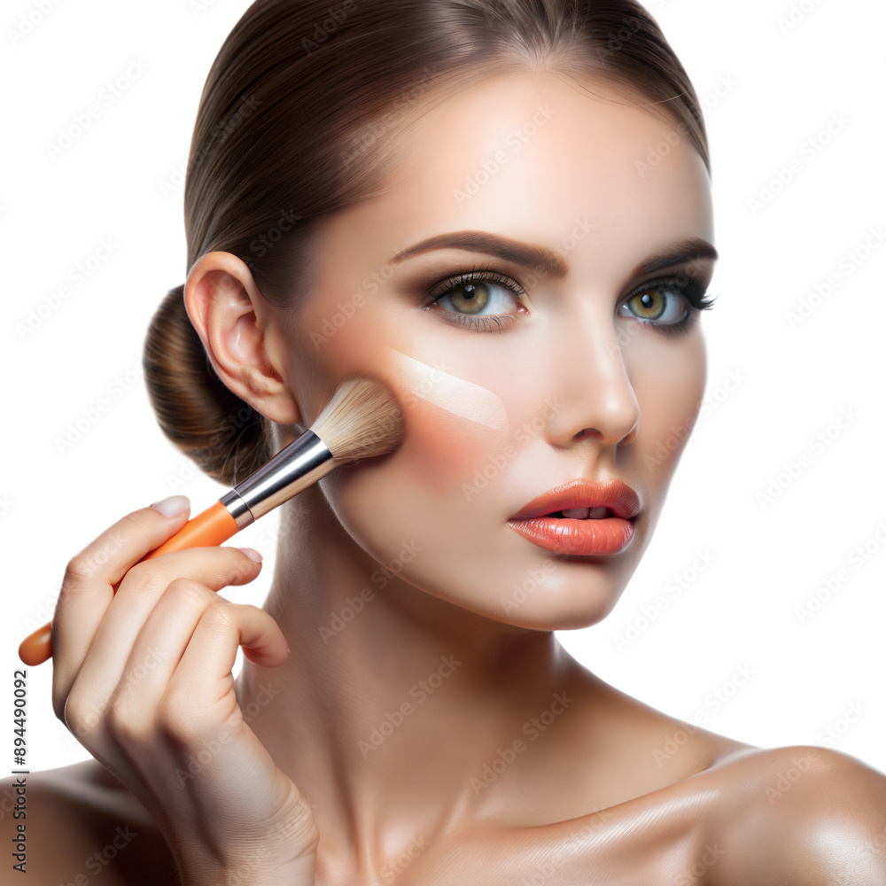 Woman applying makeup with a brush, focusing on her cheeks Woman applying makeup with a brush, focusing on her cheeks