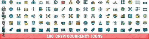 100 cryptocurrency icons set. Color line set of cryptocurrency vector icons thin line color flat on white