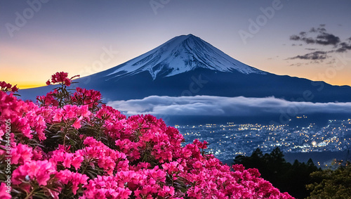 Firefly bright pink flowers in front with a view of mt. fuji from afar at night time