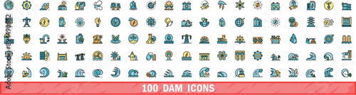 100 dam icons set. Color line set of dam vector icons thin line color flat on white