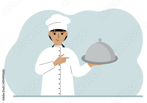 A female chef with a plate covered with a cloche or a tray with a lid. Vector flat illustration