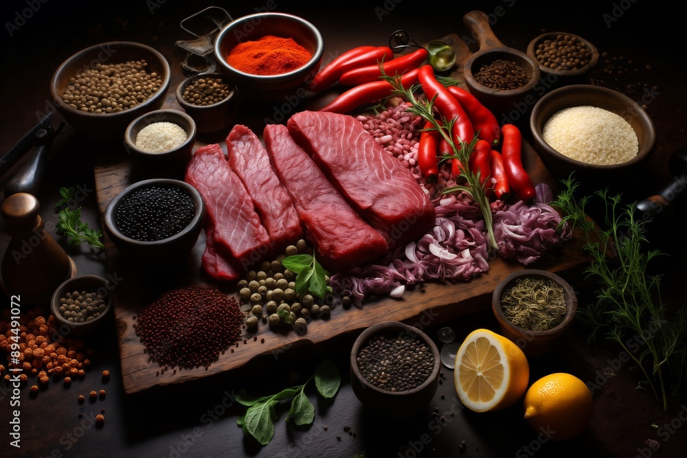 raw sliced meat and vegetables and herbs on a wooden board, delicious food raw sliced meat and vegetables and herbs on a wooden board, delicious food
