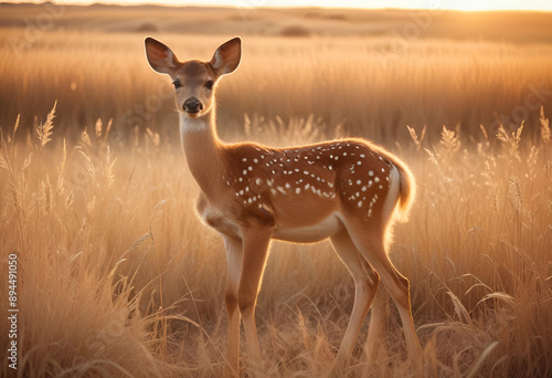 A beautiful young fawn standing with savannah grasses around it