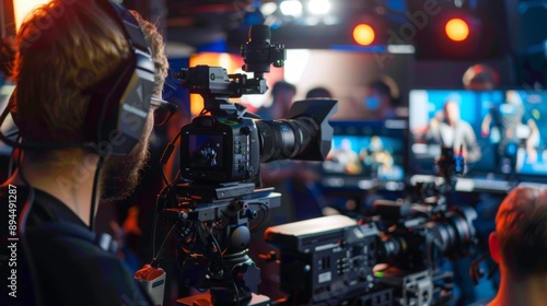 A cameraman with headphones films a live event, focusing on a stage with a blurred background of performers and a large screen behind them.