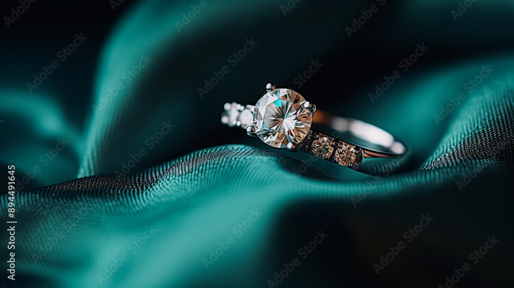 Jewellery, proposal and holiday gift, diamond engagement ring on green silk fabric, symbol of love, romance and commitment inspiration Jewellery, proposal and holiday gift, diamond engagement ring on green silk fabric, symbol of love, romance and commitment inspiration