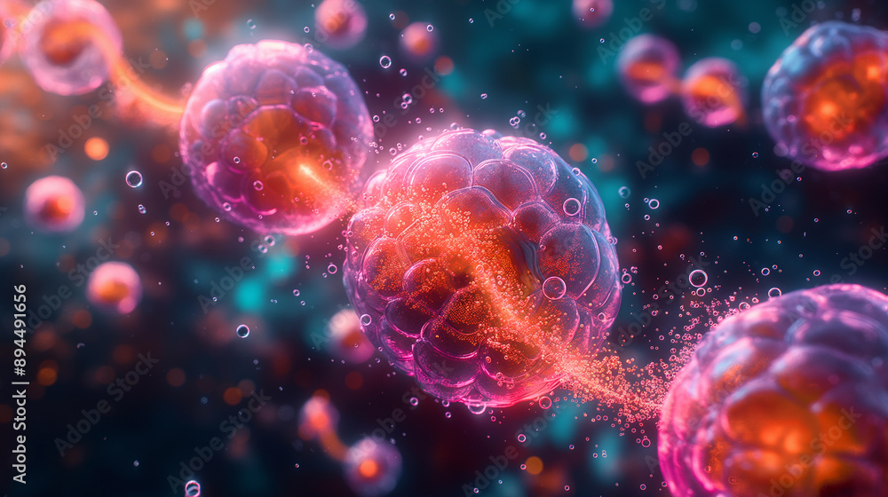 Microscopic depiction of cells in motion, highlighting vivid colors and complex details, symbolizing scientific and biological concepts. Microscopic depiction of cells in motion, highlighting vivid colors and complex details, symbolizing scientific and biological concepts.