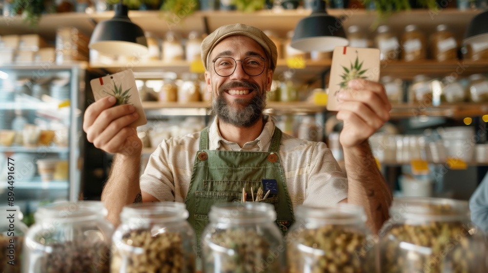 Smiling Cannabis Store Owner: A friendly, mature man with a beard, wearing glasses and a green apron, enthusiastically holds up two packages of cannabis seeds in his shop. Smiling Cannabis Store Owner: A friendly, mature man with a beard, wearing glasses and a green apron, enthusiastically holds up two packages of cannabis seeds in his shop.
