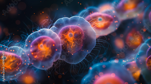 Microscopic depiction of cells in motion, highlighting vivid colors and complex details, symbolizing scientific and biological concepts.