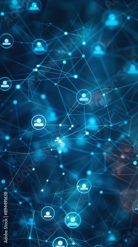 Abstract blue background with icons of people in circles and lines, representing a network connection or social media technology concept