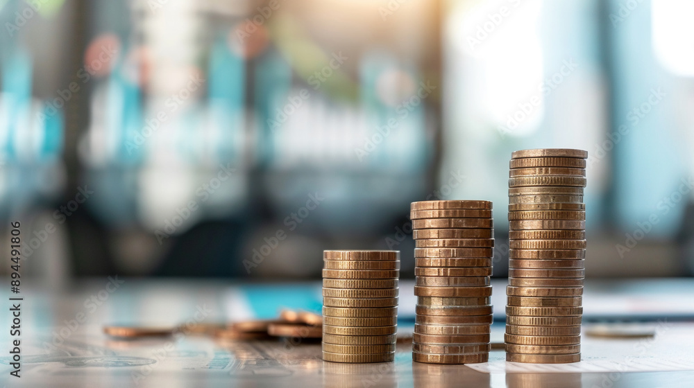Money coin stack growing graph investment with blurred office background, bitcoin, business finance Money coin stack growing graph investment with blurred office background, bitcoin, business finance