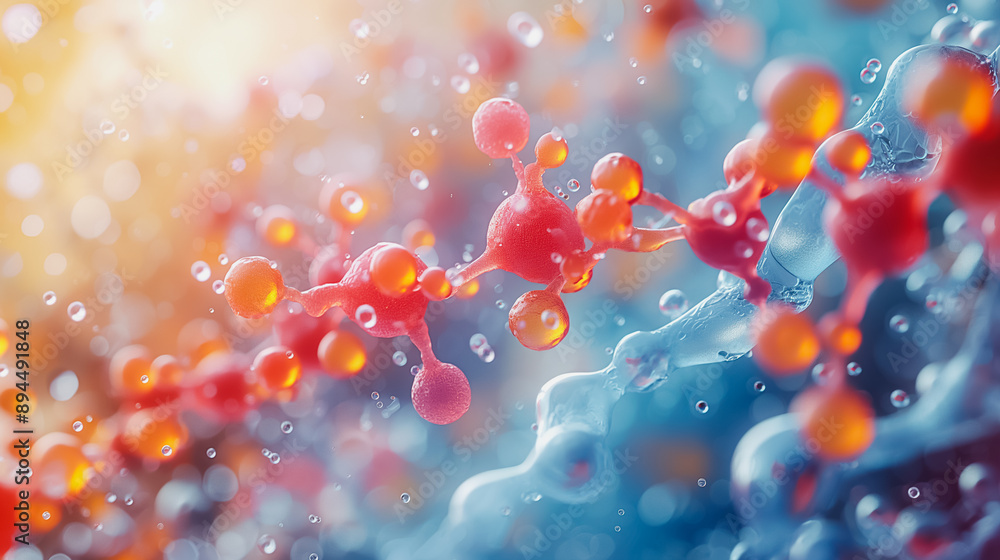 Artistic visualization of molecules in a fluid medium, capturing the essence of biotechnology, molecular chemistry, and scientific research.