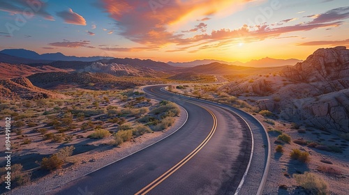 Highway winding through a desert landscape at sunset, photo realistic, landscape, travel photography, open road, scenic route