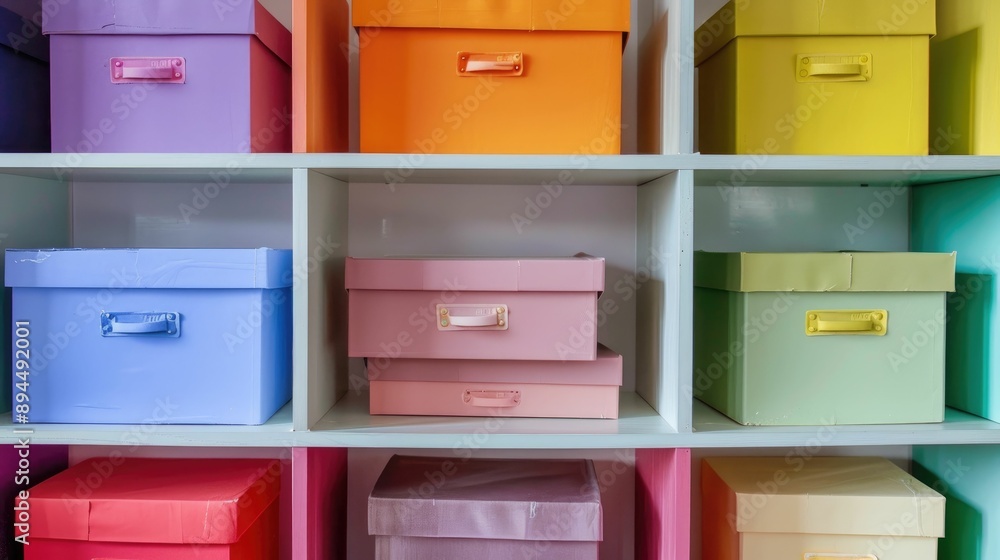 Neatly stacked shelves filled with colorful boxes Neatly stacked shelves filled with colorful boxes