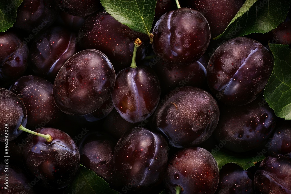 Fototapeta premium Fresh Plums with Droplets of Water and Leafs, Top-View Close-Up Background. Beautiful simple AI generated image in 4K, unique.