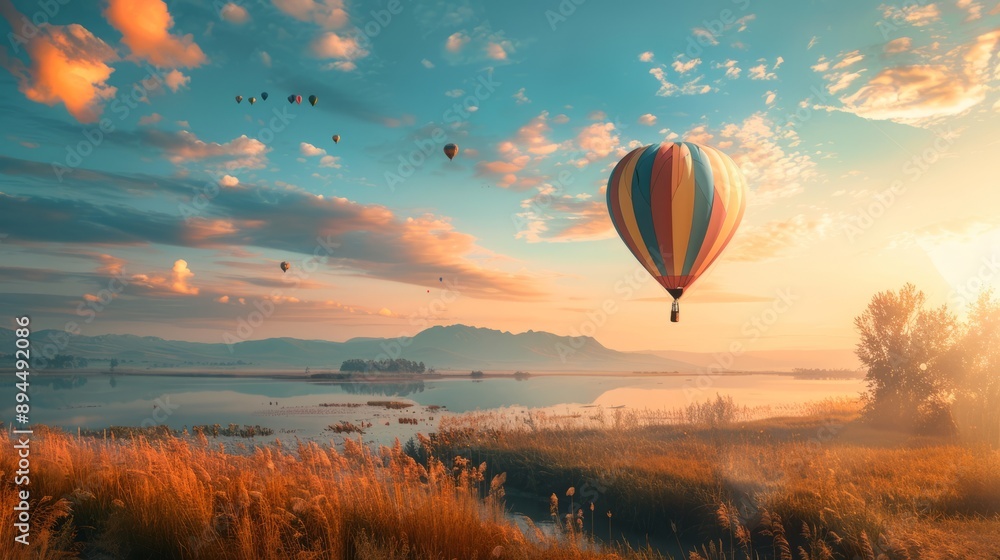 Obraz premium Beautiful inspirational landscape with hot air balloon flying in the sky, travel destination