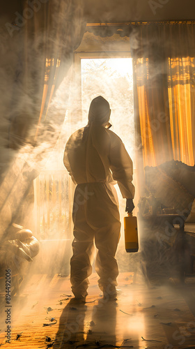 A man with a straight back is standing in a room full of insects and smoke, wearing protective suit to spraying the insecticide in the sunset photo