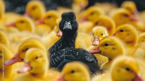 Black duck among yellow, different unique special leader identity, crowd leadership photo