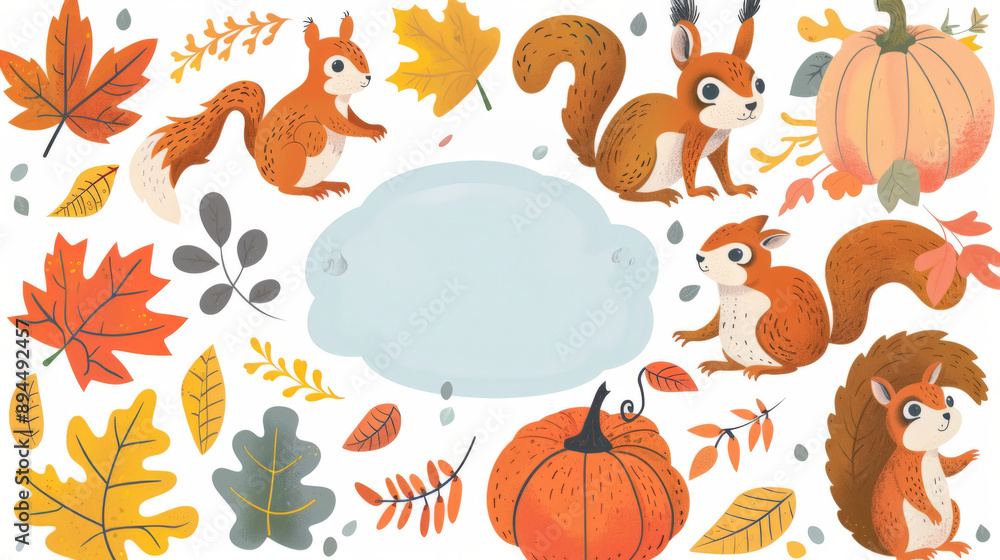 Fototapeta premium Squirrels and Autumn Leaves with Pumpkin Illustration