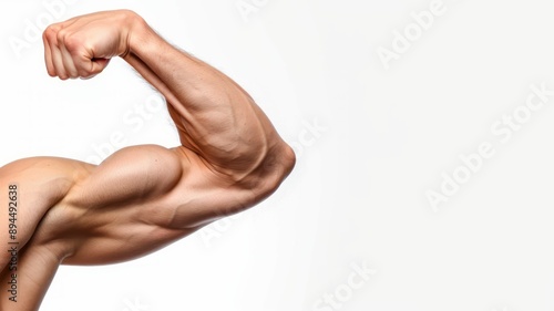 Close up of bicep muscles on the arm isolated on a white background, highlighting muscle definition, fitness progress, athletic physique