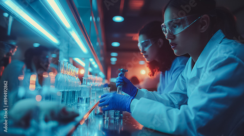 Scientific laboratory in the pharmaceutical industry, showcasing the production line for drugs and medications, with technicians, scientists, and biotech research involving mice and rats.