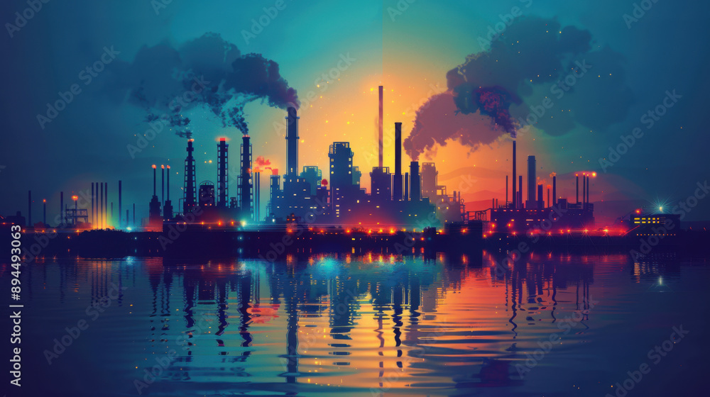 A vivid industrial skyline with smokestacks and reflections in water at sunset, highlighting urban industry. A vivid industrial skyline with smokestacks and reflections in water at sunset, highlighting urban industry.