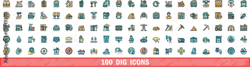 100 dig icons set. Color line set of dig vector icons thin line color flat on white