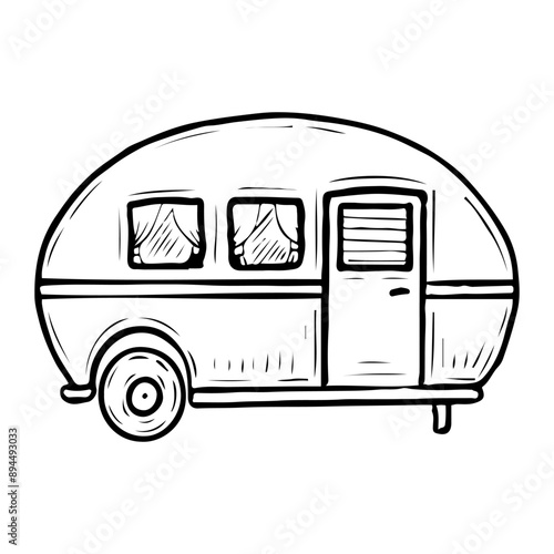 Travel trailer hand drawn in doodle style. Tourist motorhome for family holidays. Camping in nature. House on wheels. Vector line art illustration.
