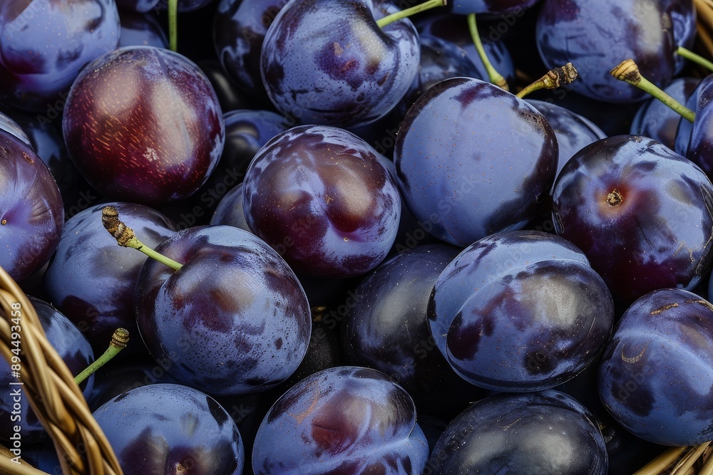 Fototapeta premium Fresh ripe damson plums rotating close-up top view.. Beautiful simple AI generated image in 4K, unique.
