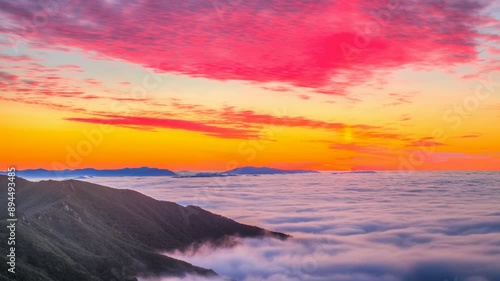 Beautiful sunrise background of Sobaeksan Mountain in Korea photo