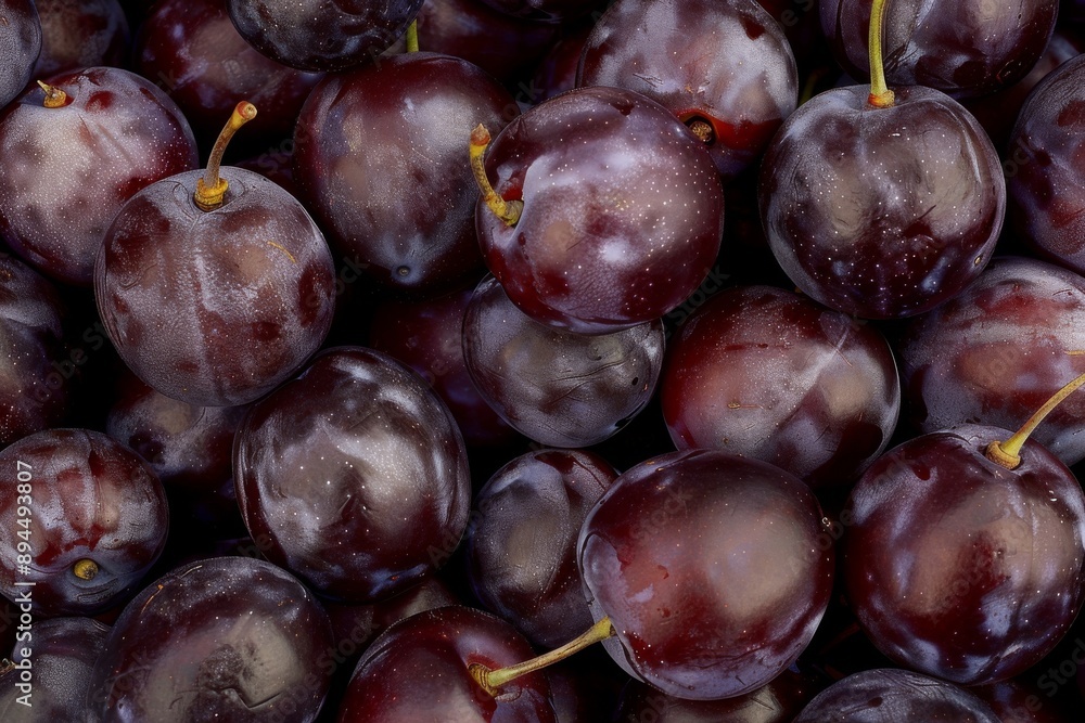 Fototapeta premium Wet purple plum on the table, delicious fresh harvest of oval-shaped and purple-colored plums in drops of water. Beautiful simple AI generated image in 4K, unique.