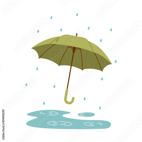 Open umbrella protect from raindrops in autumn or spring rain. Rainy weather. Flat vector illustration
