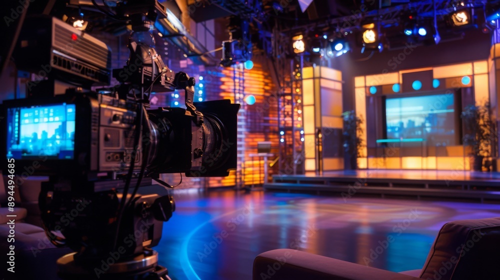 A television studio set is ready for filming, with a camera positioned in front of a stage and a large screen. A television studio set is ready for filming, with a camera positioned in front of a stage and a large screen.