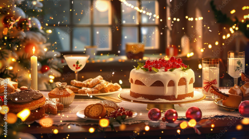 Festive table setting with a decorated Christmas cake, assorted cookies, and candlelight, creating a warm holiday atmosphere Festive table setting with a decorated Christmas cake, assorted cookies, and candlelight, creating a warm holiday atmosphere