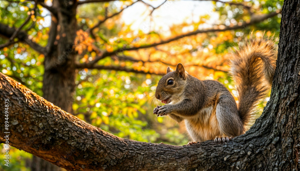 Grey Squirrel on a Tree Branch in Sunlit Forest