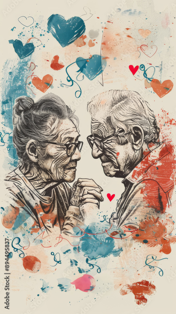 Fototapeta premium Elderly Couple Holding Hands Illustration