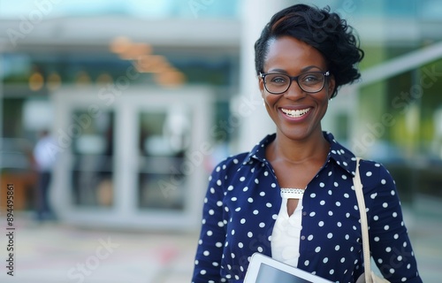 Woman Holding Laptop and Smiling in City