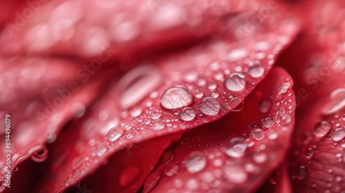 A macro photograph showcasing numerous water droplets gracefully resting on red flower petals, capturing the delicate interaction of moisture and floral textures in high detail.