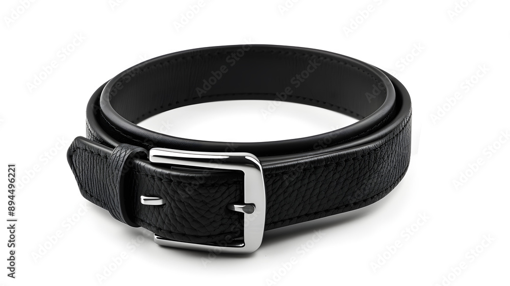 Black leather belt with silver buckle displayed on a clean white background. Classic accessory piece. Black leather belt with silver buckle displayed on a clean white background. Classic accessory piece.