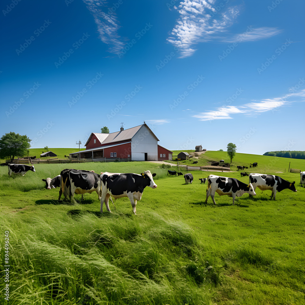 Bucolic Dairy Farm Scene with Grazing Holstein Friesian Cows Bucolic Dairy Farm Scene with Grazing Holstein Friesian Cows