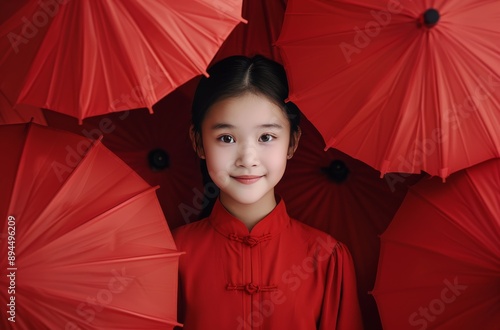 Girl Posing With Red Umbrellas