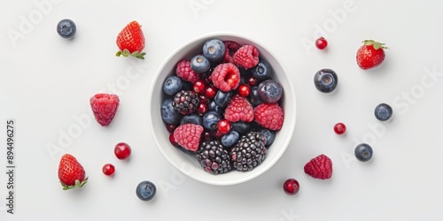 Vibrant Assorted Berries in Bowl on Clean White Background, Top View Flat Lay Composition