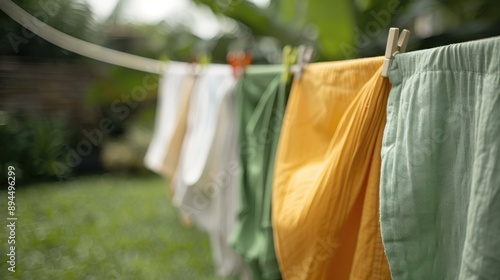 Clothes in various colors such as green, yellow, and white are hung on a clothesline secured with clothespins in a backyard with greenery in the background. photo